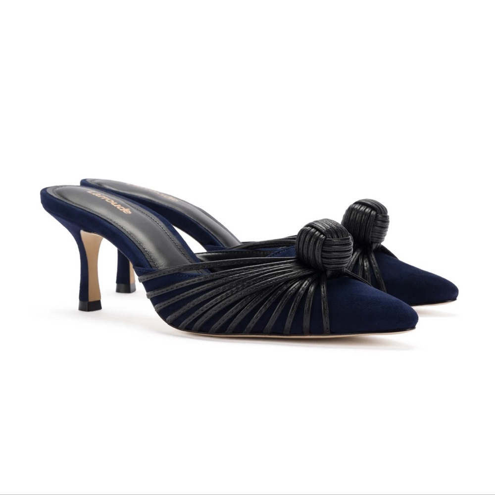 Larroude Mini Valerie Pump in Navy Suede and Black Leather - Size 6.5